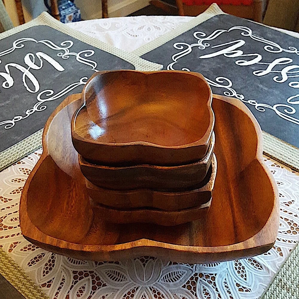 Vintage Set of 5 Monkey Pod Wood Salad Bowls